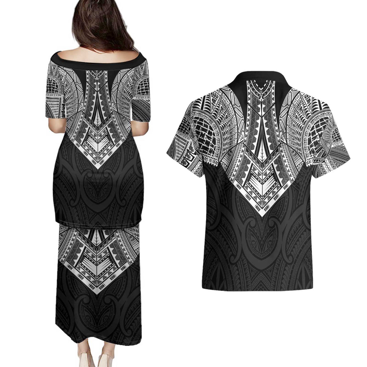 Samoan Traditional Art Tattoos Couples Matching Puletasi and Hawaiian Shirt Tatau Roman Reigns Black Color - Polynesian Pride