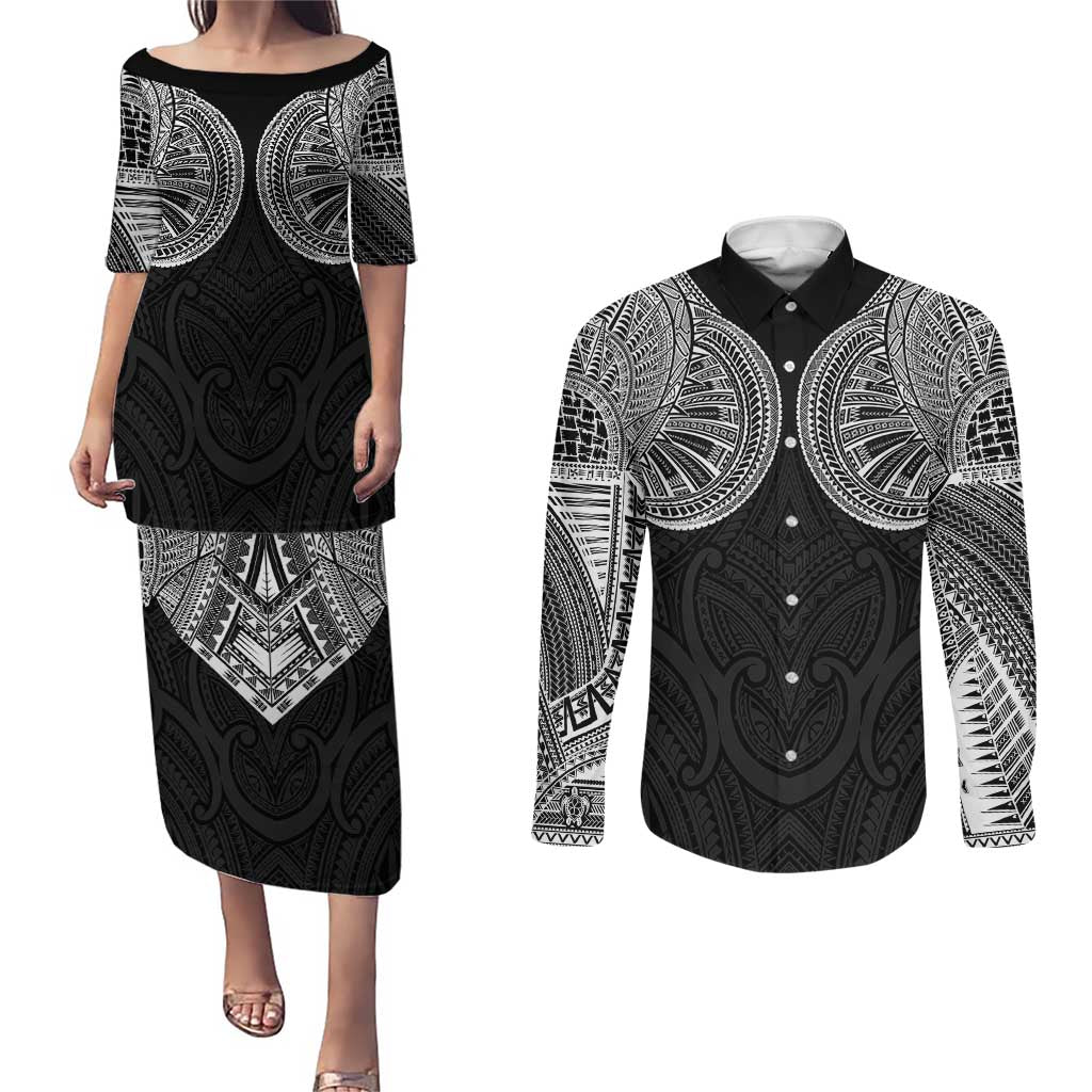 Samoan Traditional Art Tattoos Couples Matching Puletasi and Long Sleeve Button Shirt Tatau Roman Reigns Black Color - Polynesian Pride