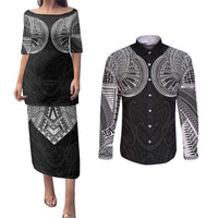 Samoan Traditional Art Tattoos Couples Matching Puletasi and Long Sleeve Button Shirt Tatau Roman Reigns Black Color - Polynesian Pride