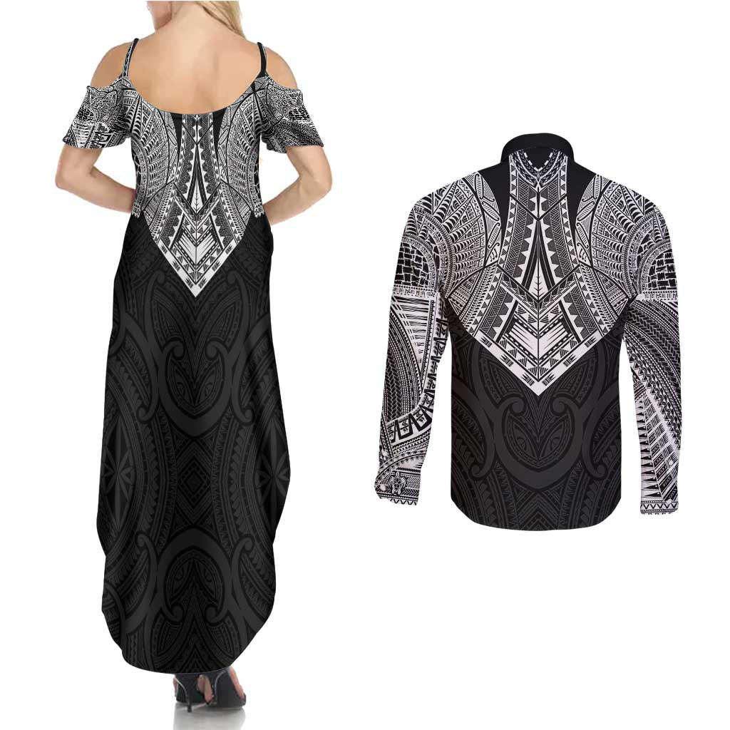 Samoan Traditional Art Tattoos Couples Matching Summer Maxi Dress and Long Sleeve Button Shirt Tatau Roman Reigns Black Color - Polynesian Pride