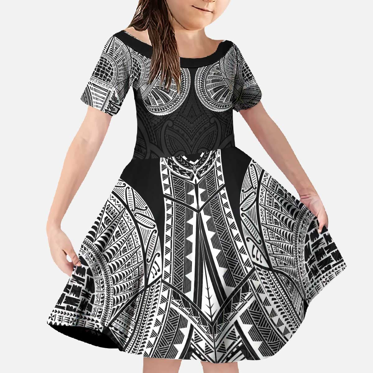 Samoan Traditional Art Tattoos Family Matching Off The Shoulder Long Sleeve Dress and Hawaiian Shirt Tatau Roman Reigns Black Color - Polynesian Pride