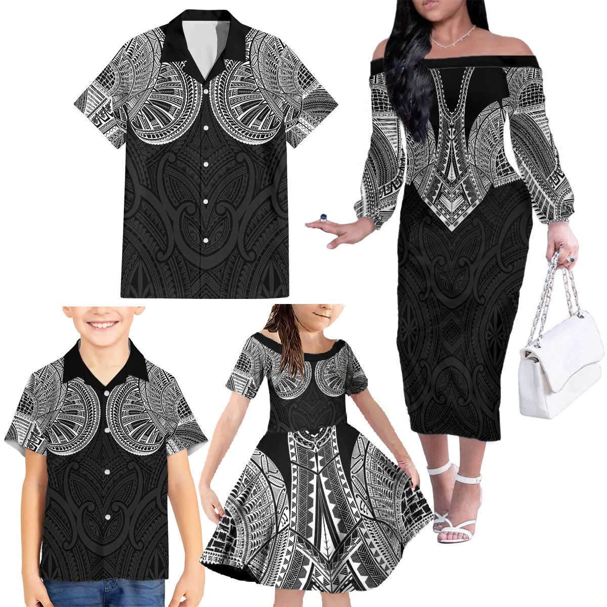Samoan Traditional Art Tattoos Family Matching Off The Shoulder Long Sleeve Dress and Hawaiian Shirt Tatau Roman Reigns Black Color - Polynesian Pride
