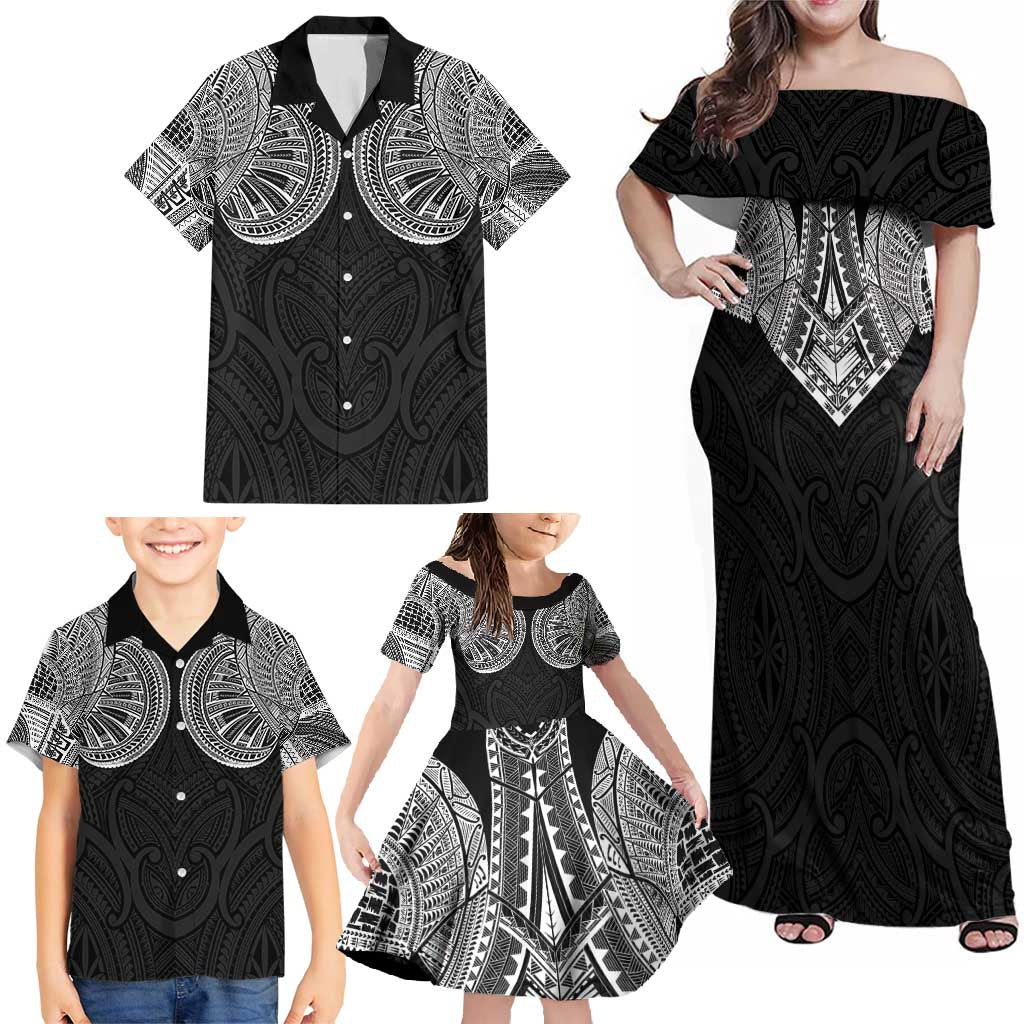 Samoan Traditional Art Tattoos Family Matching Off Shoulder Maxi Dress and Hawaiian Shirt Tatau Roman Reigns Black Color - Polynesian Pride