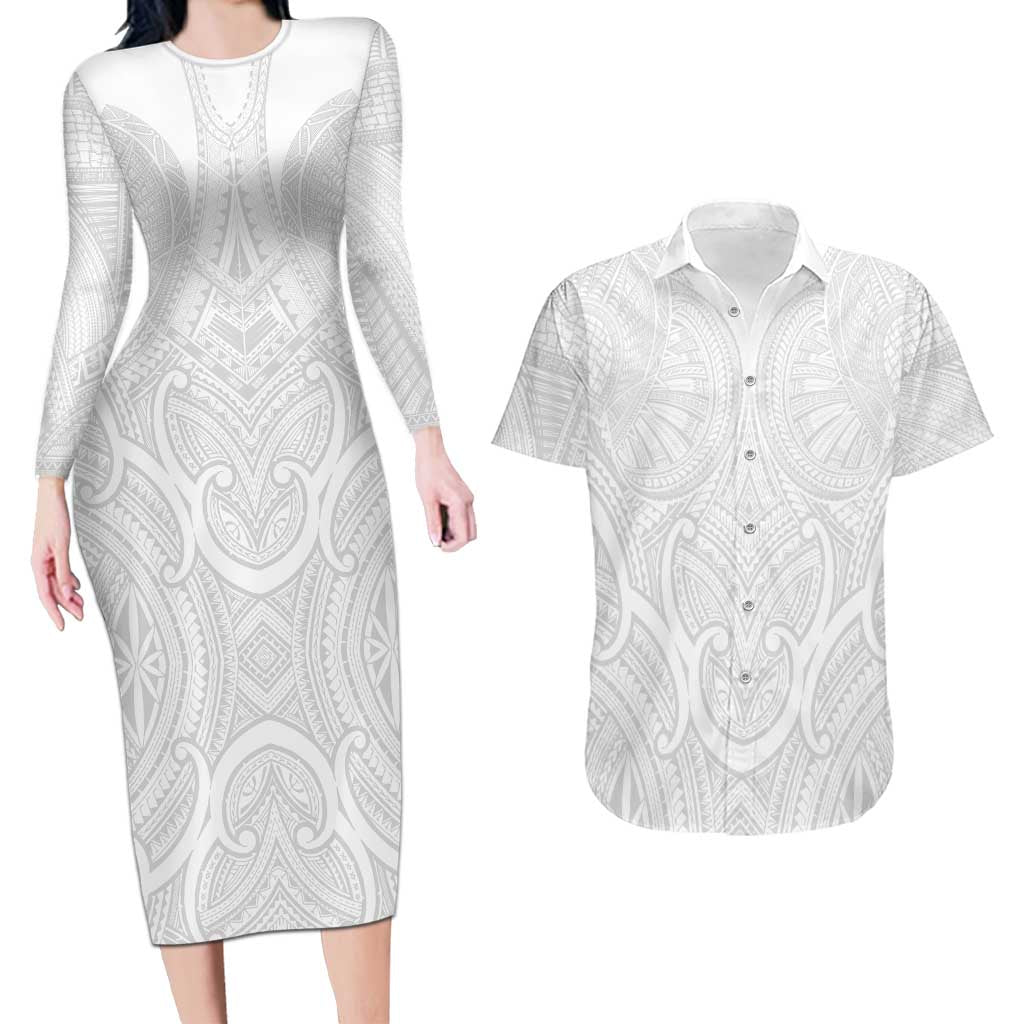 Samoan Traditional Art Tattoos Couples Matching Long Sleeve Bodycon Dress and Hawaiian Shirt Tatau Roman Reigns White Color - Polynesian Pride