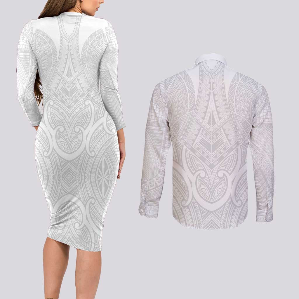Samoan Traditional Art Tattoos Couples Matching Long Sleeve Bodycon Dress and Long Sleeve Button Shirt Tatau Roman Reigns White Color - Polynesian Pride