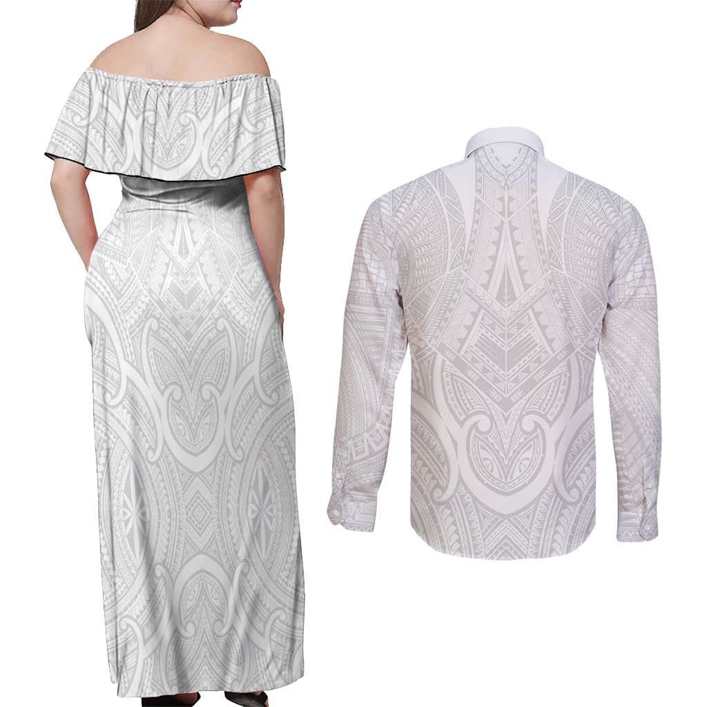 Samoan Traditional Art Tattoos Couples Matching Off Shoulder Maxi Dress and Long Sleeve Button Shirt Tatau Roman Reigns White Color - Polynesian Pride