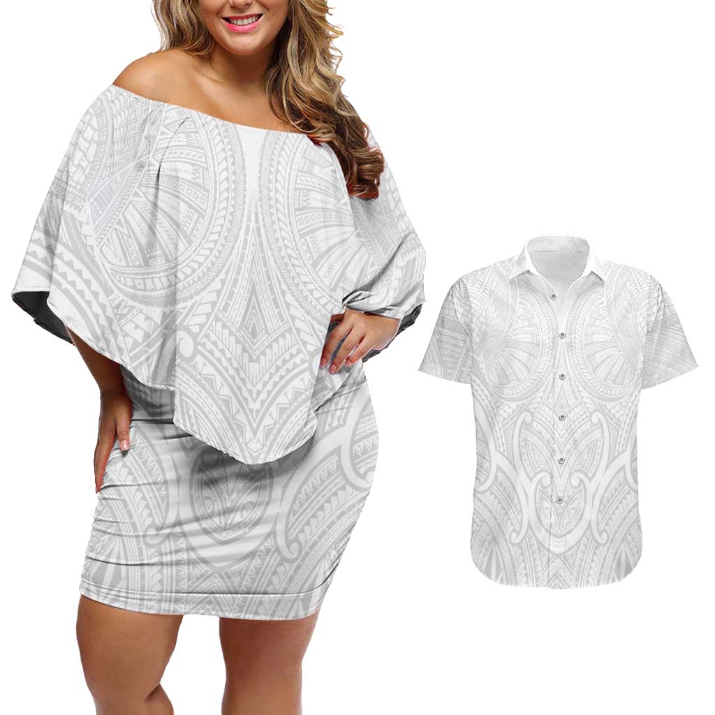 Samoan Traditional Art Tattoos Couples Matching Off Shoulder Short Dress and Hawaiian Shirt Tatau Roman Reigns White Color - Polynesian Pride