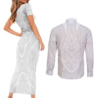 Samoan Traditional Art Tattoos Couples Matching Short Sleeve Bodycon Dress and Long Sleeve Button Shirt Tatau Roman Reigns White Color - Polynesian Pride