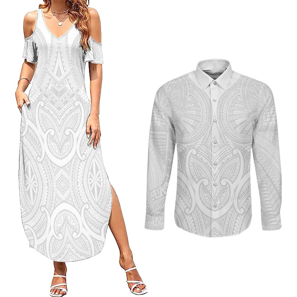 Samoan Traditional Art Tattoos Couples Matching Summer Maxi Dress and Long Sleeve Button Shirt Tatau Roman Reigns White Color - Polynesian Pride