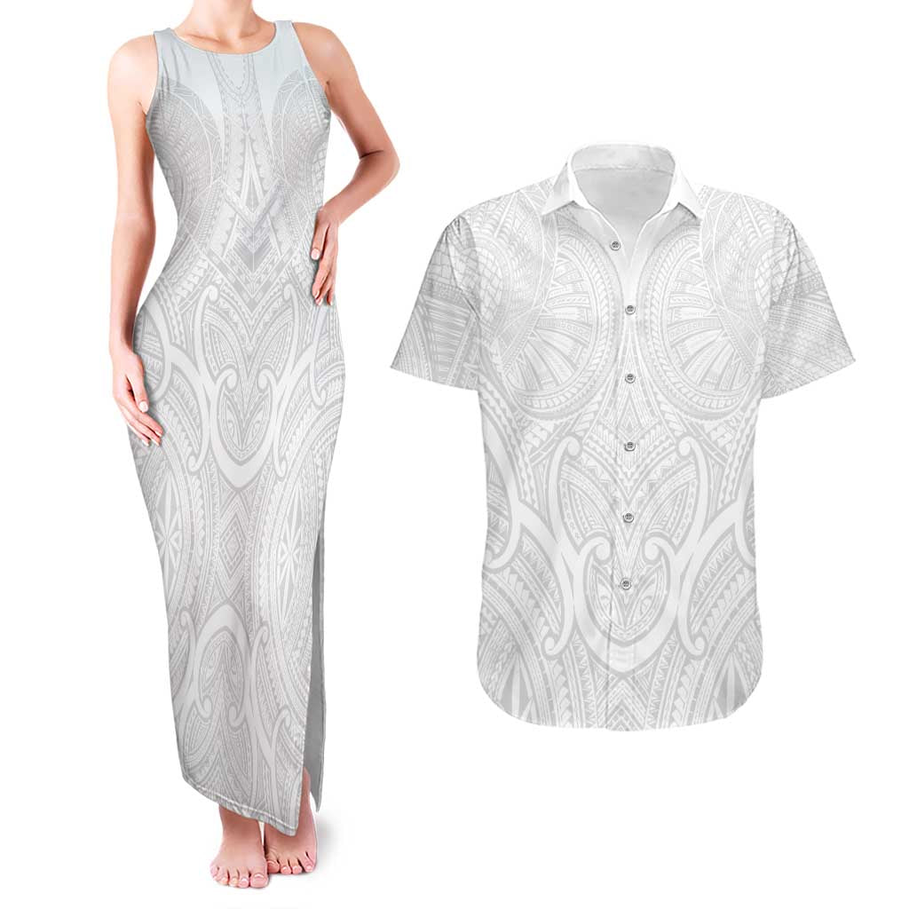 Samoan Traditional Art Tattoos Couples Matching Tank Maxi Dress and Hawaiian Shirt Tatau Roman Reigns White Color - Polynesian Pride