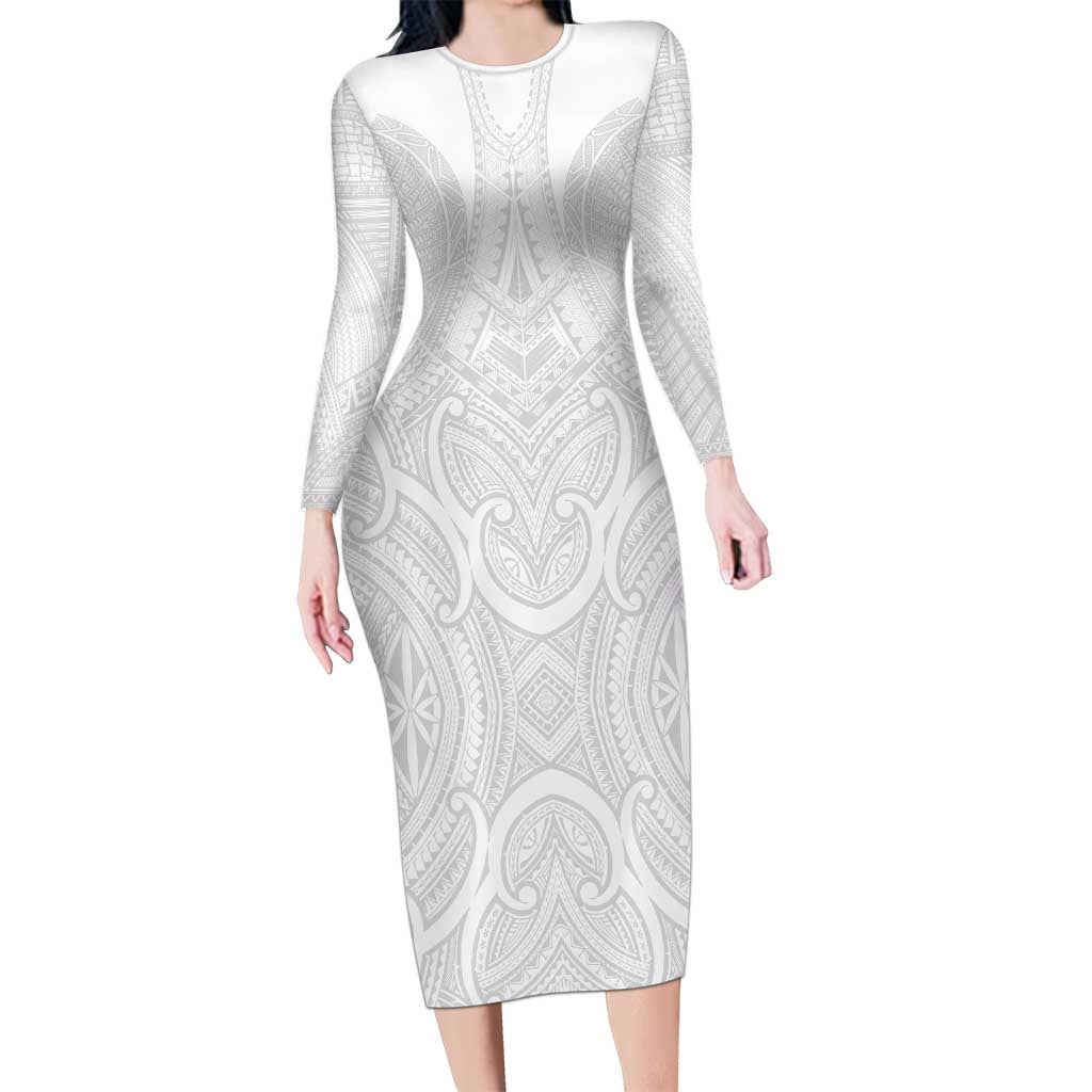Samoan Traditional Art Tattoos Long Sleeve Bodycon Dress Tatau Roman Reigns White Color - Polynesian Pride