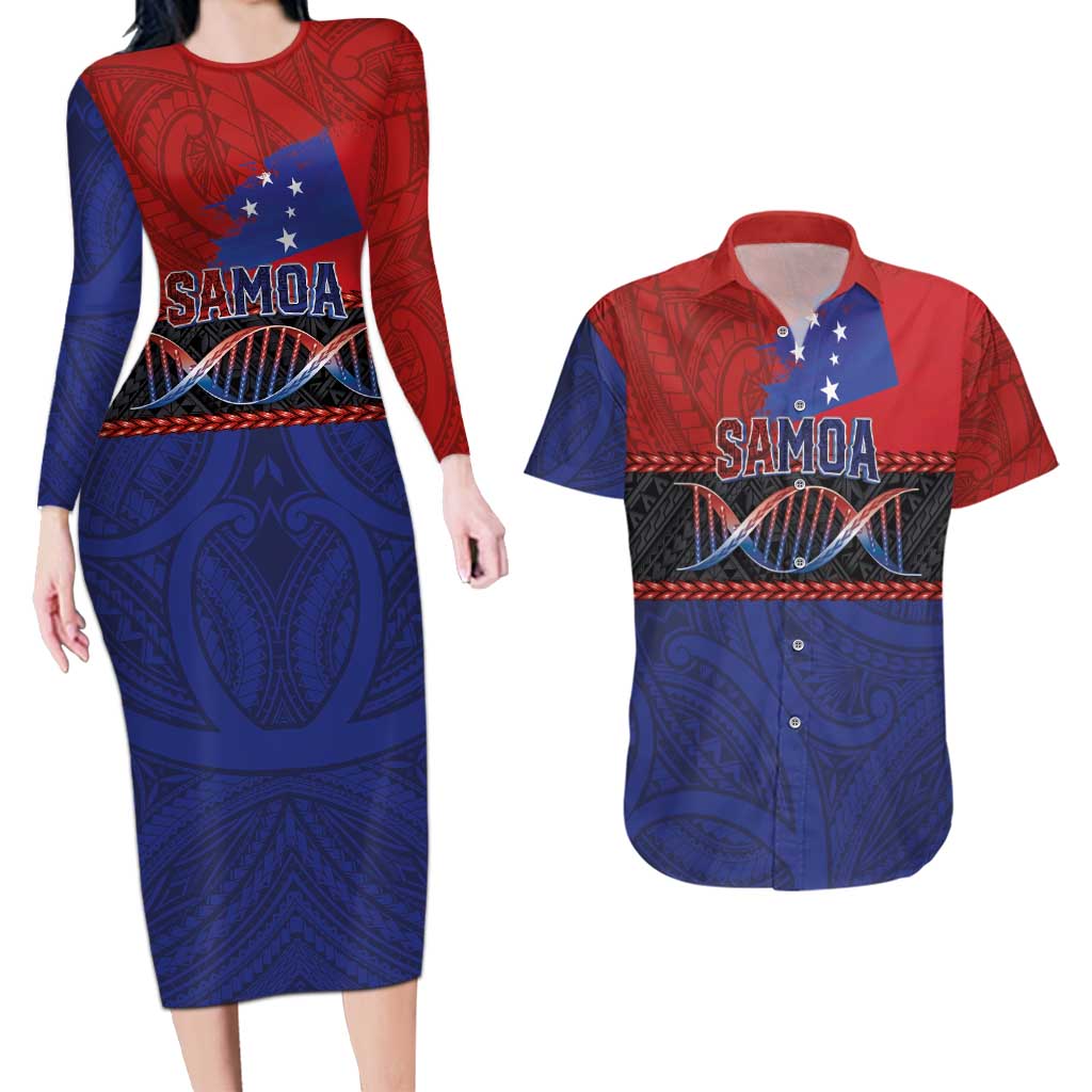 Personalised Samoan DNA-Proud of Samoa Couples Matching Long Sleeve Bodycon Dress and Hawaiian Shirt Polynesian Patterns - Polynesian Pride
