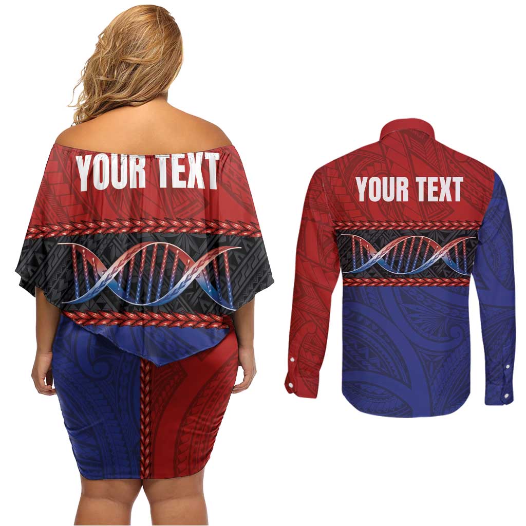 Personalised Samoan DNA-Proud of Samoa Couples Matching Off Shoulder Short Dress and Long Sleeve Button Shirt Polynesian Patterns - Polynesian Pride