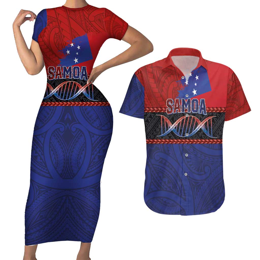 Personalised Samoan DNA-Proud of Samoa Couples Matching Short Sleeve Bodycon Dress and Hawaiian Shirt Polynesian Patterns - Polynesian Pride