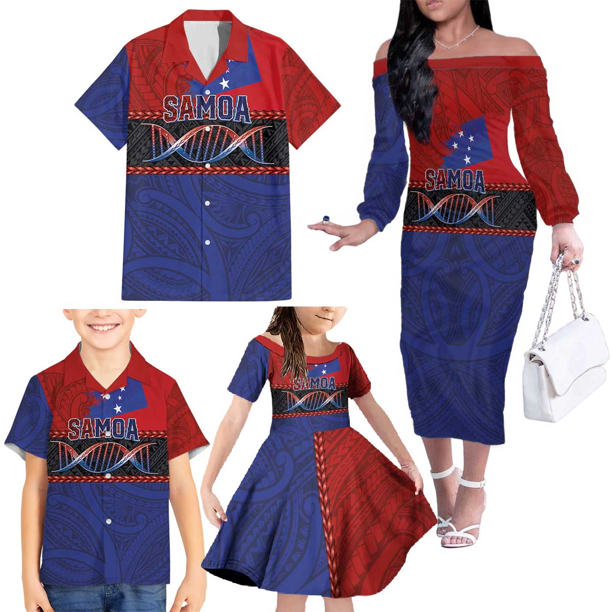 Personalised Samoan DNA-Proud of Samoa Family Matching Off The Shoulder Long Sleeve Dress and Hawaiian Shirt Polynesian Patterns - Polynesian Pride