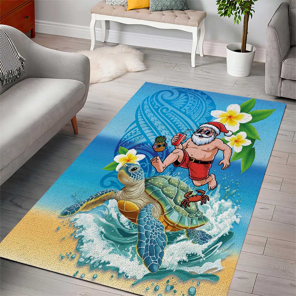 Polynesian Merry Christmas Area Rug Funny Santa with Sea Turtle Beach Plumeria - Polynesian Pride