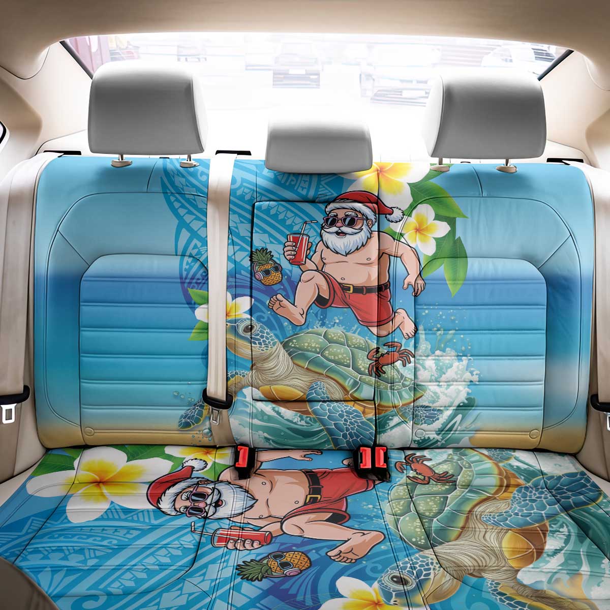 Polynesian Merry Christmas Back Car Seat Cover Funny Santa with Sea Turtle Beach Plumeria - Polynesian Pride