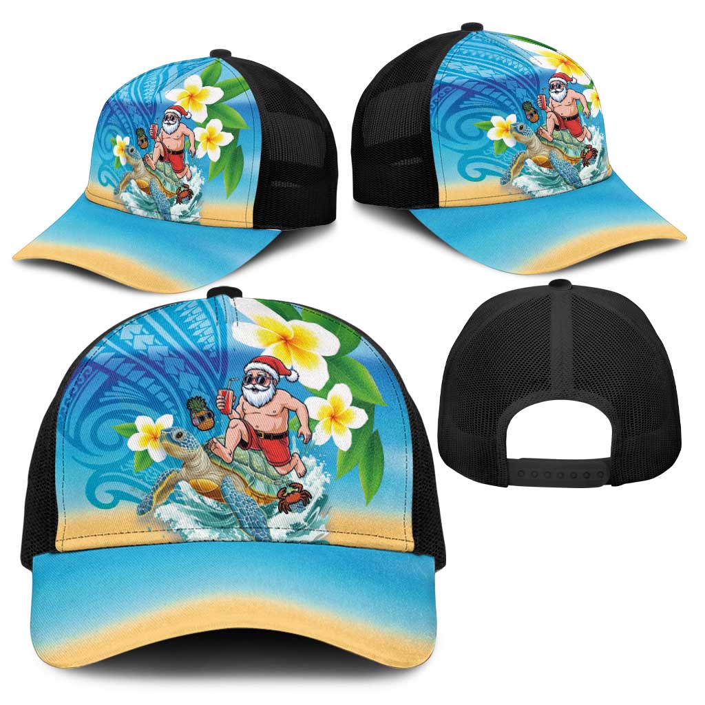 Polynesian Merry Christmas Baseball Net Cap Funny Santa with Sea Turtle Beach and Plumeria - Polynesian Pride