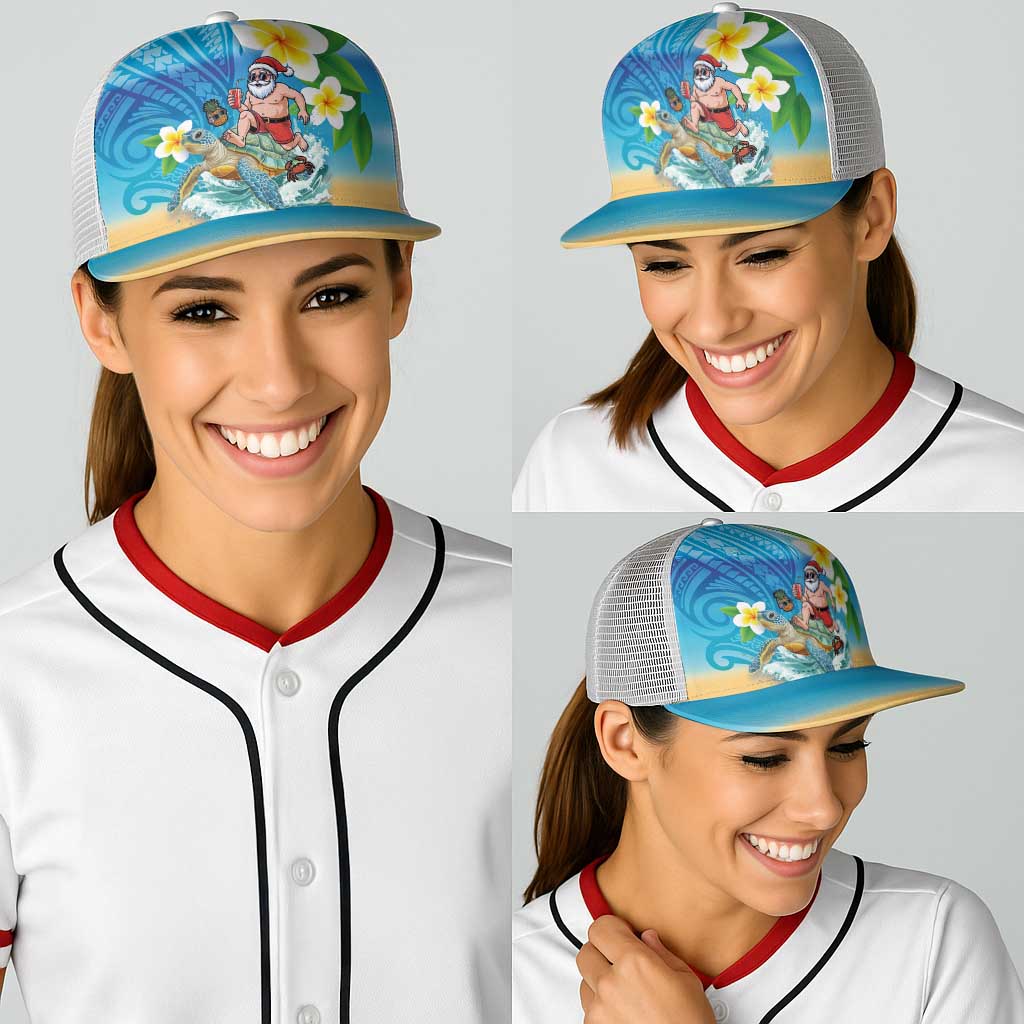 Polynesian Merry Christmas Baseball Net Cap Funny Santa with Sea Turtle Beach and Plumeria - Polynesian Pride