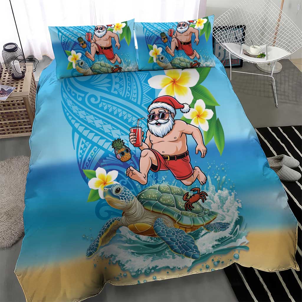 Polynesian Merry Christmas Bedding Set Funny Santa with Sea Turtle Beach Plumeria - Polynesian Pride