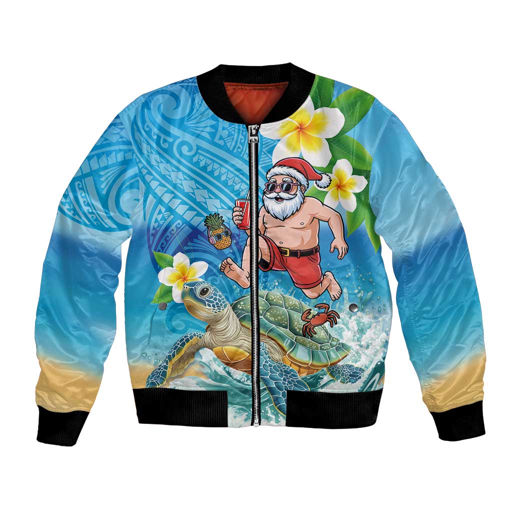 Polynesian Merry Christmas Bomber Jacket Funny Santa with Sea Turtle Beach Plumeria - Polynesian Pride