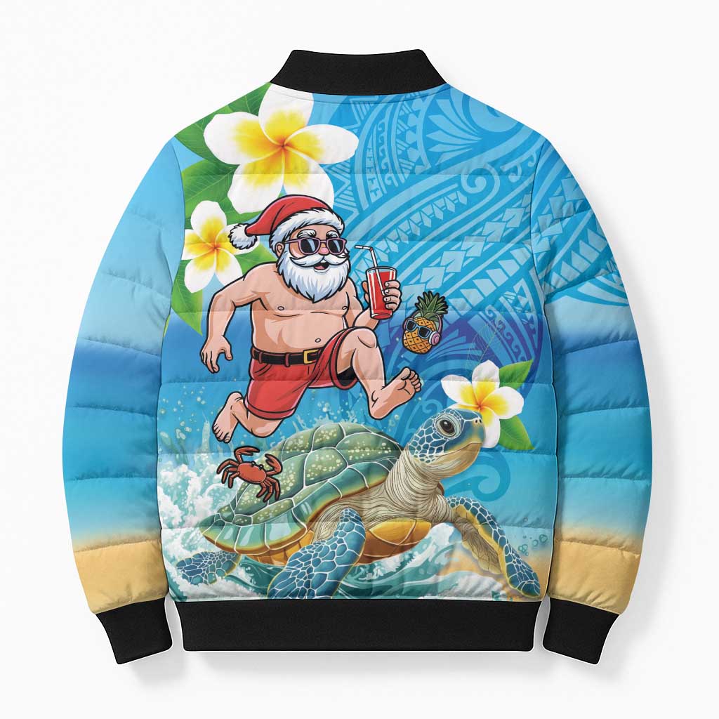 Polynesian Merry Christmas Bomber Puffer Jacket Funny Santa with Sea Turtle Beach Plumeria - Polynesian Pride