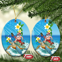 Polynesian Merry Christmas Ceramic Ornament Funny Santa with Sea Turtle on Beach and Plumeria - Polynesian Pride