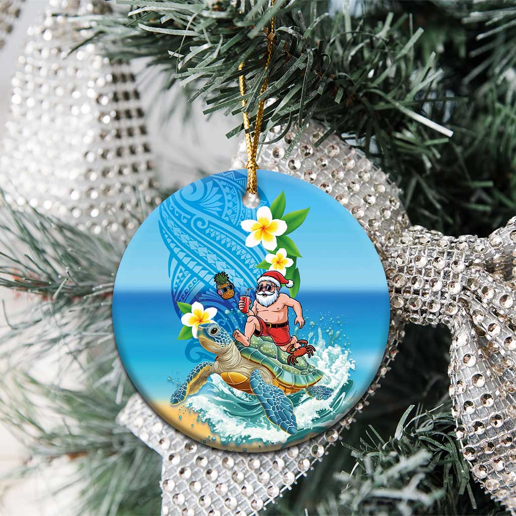 Polynesian Merry Christmas Ceramic Ornament Funny Santa with Sea Turtle on Beach and Plumeria - Polynesian Pride