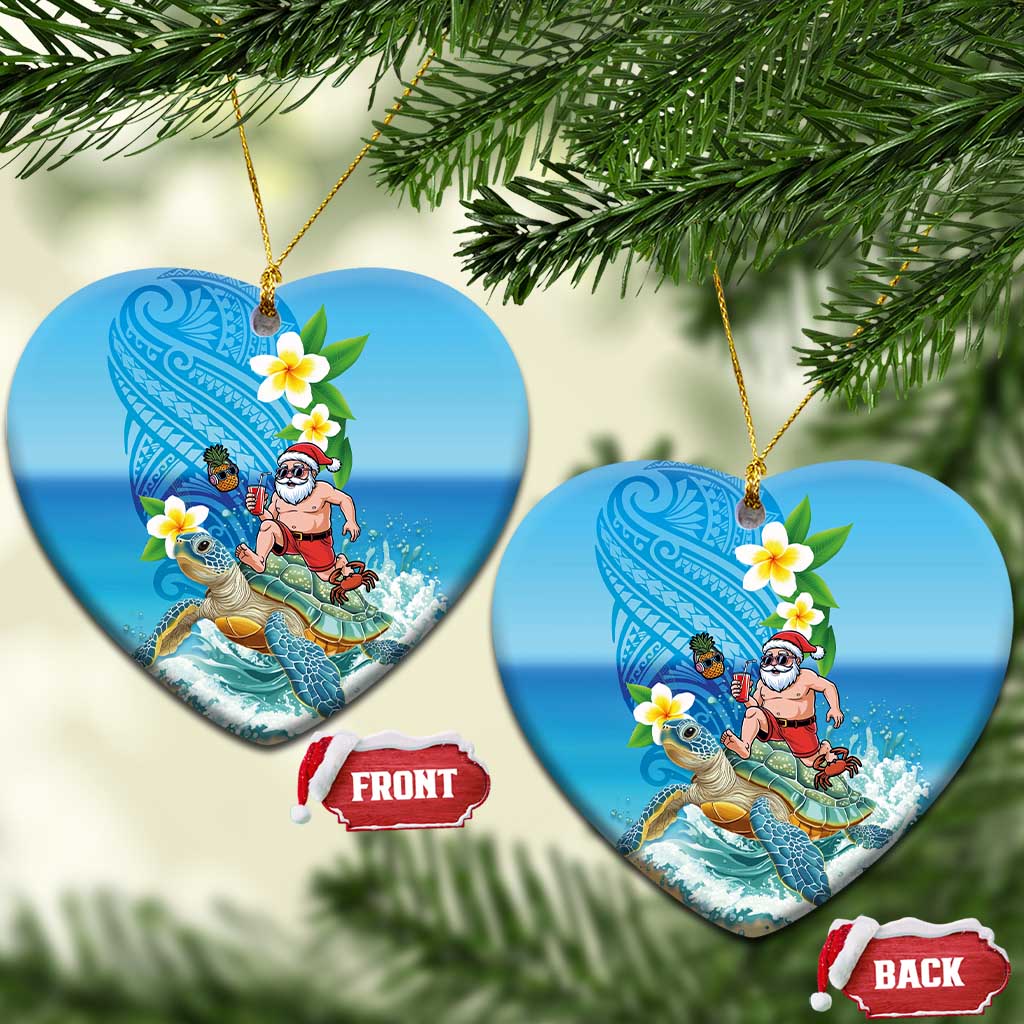 Polynesian Merry Christmas Ceramic Ornament Funny Santa with Sea Turtle on Beach and Plumeria - Polynesian Pride