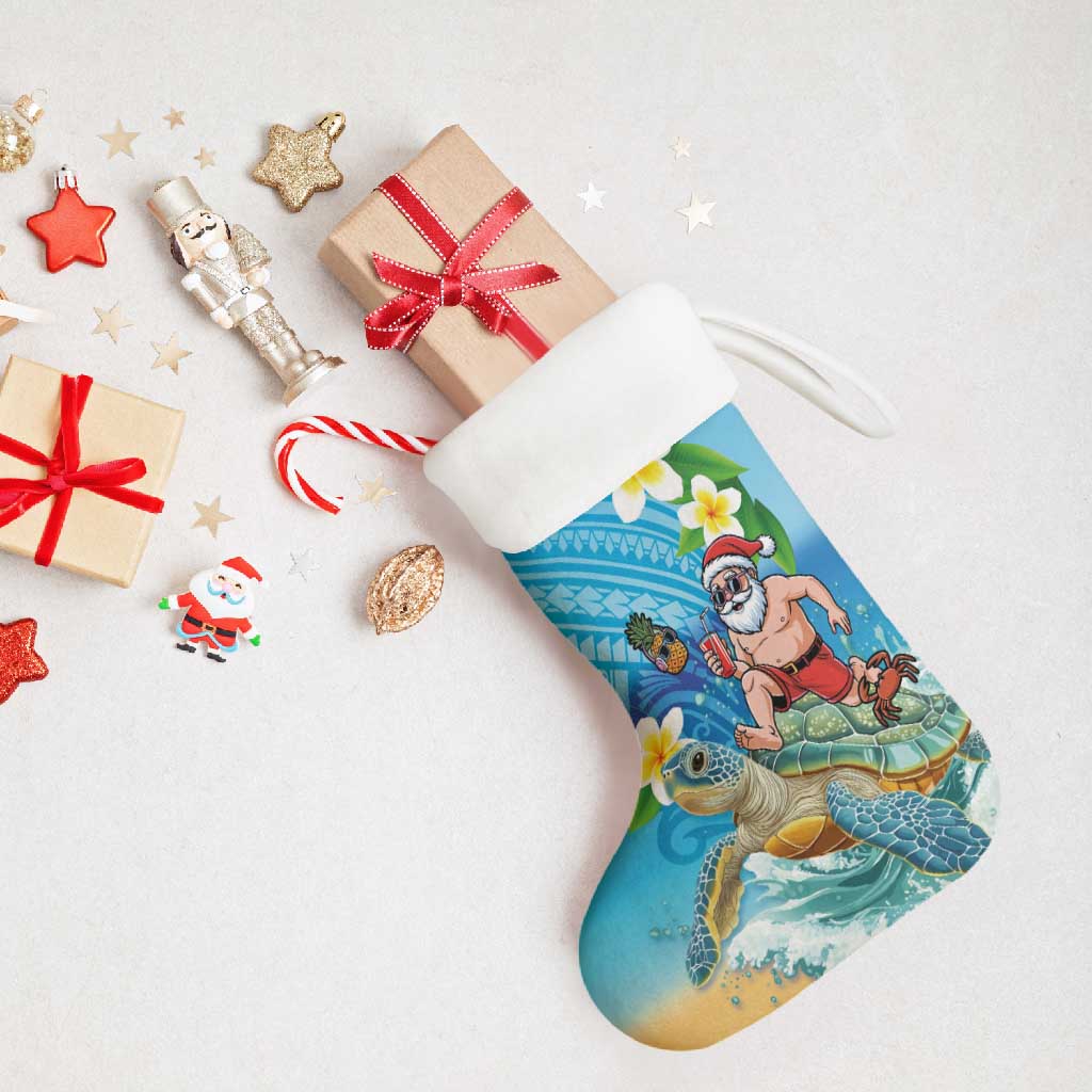 Polynesian Merry Christmas Stocking Funny Santa with Sea Turtle on Beach and Plumeria - Polynesian Pride