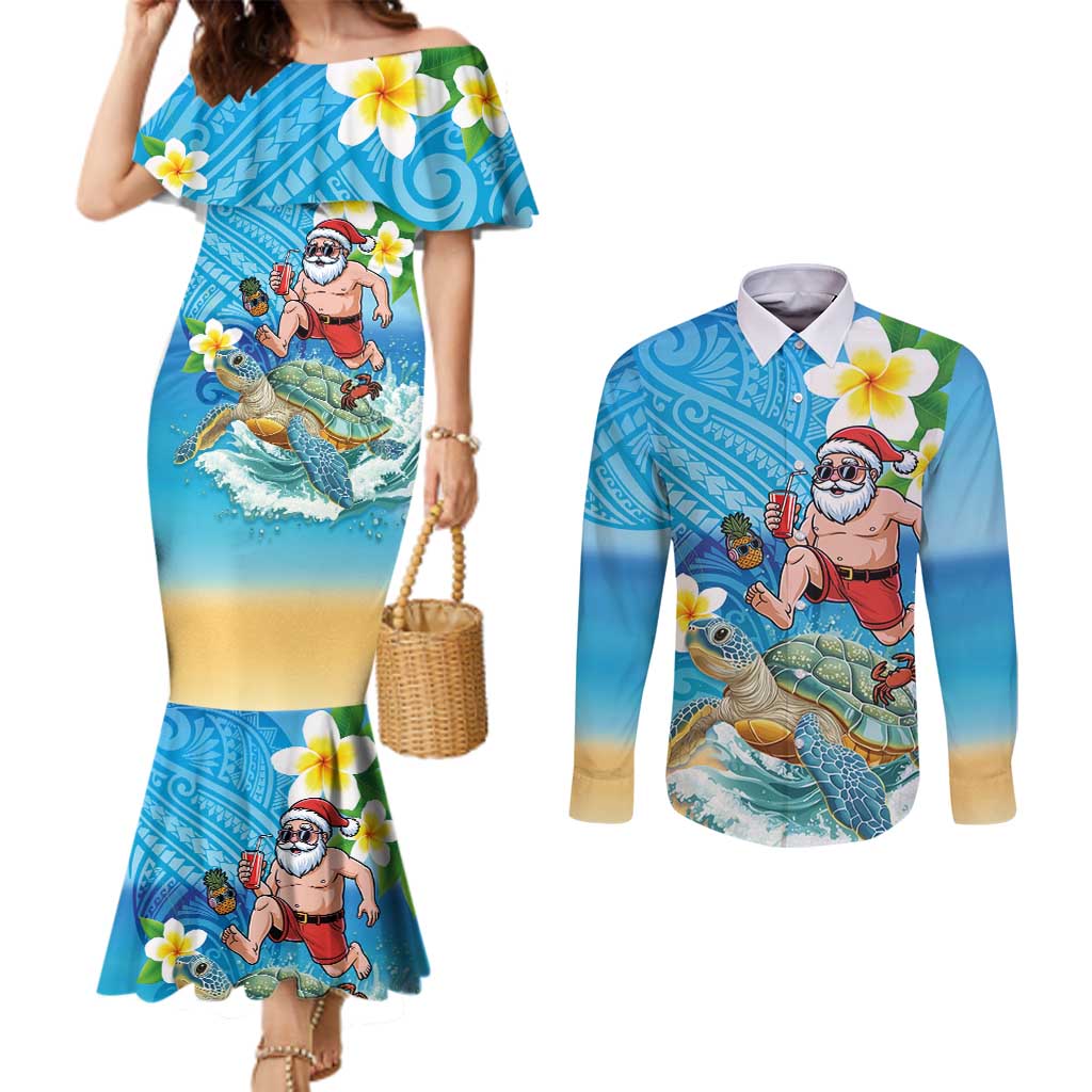 Polynesian Merry Christmas Couples Matching Mermaid Dress and Long Sleeve Button Shirt Funny Santa with Sea Turtle Beach Plumeria - Polynesian Pride