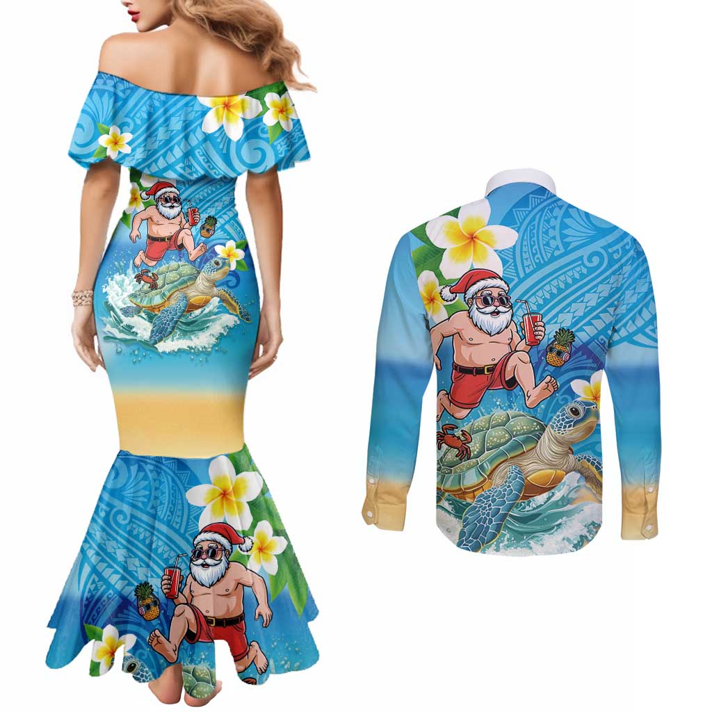 Polynesian Merry Christmas Couples Matching Mermaid Dress and Long Sleeve Button Shirt Funny Santa with Sea Turtle Beach Plumeria - Polynesian Pride