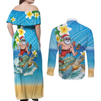 Polynesian Merry Christmas Couples Matching Off Shoulder Maxi Dress and Long Sleeve Button Shirt Funny Santa with Sea Turtle Beach Plumeria - Polynesian Pride