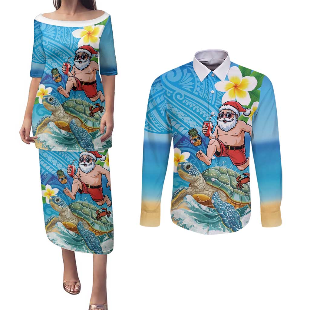Polynesian Merry Christmas Couples Matching Puletasi and Long Sleeve Button Shirt Funny Santa with Sea Turtle Beach Plumeria - Polynesian Pride