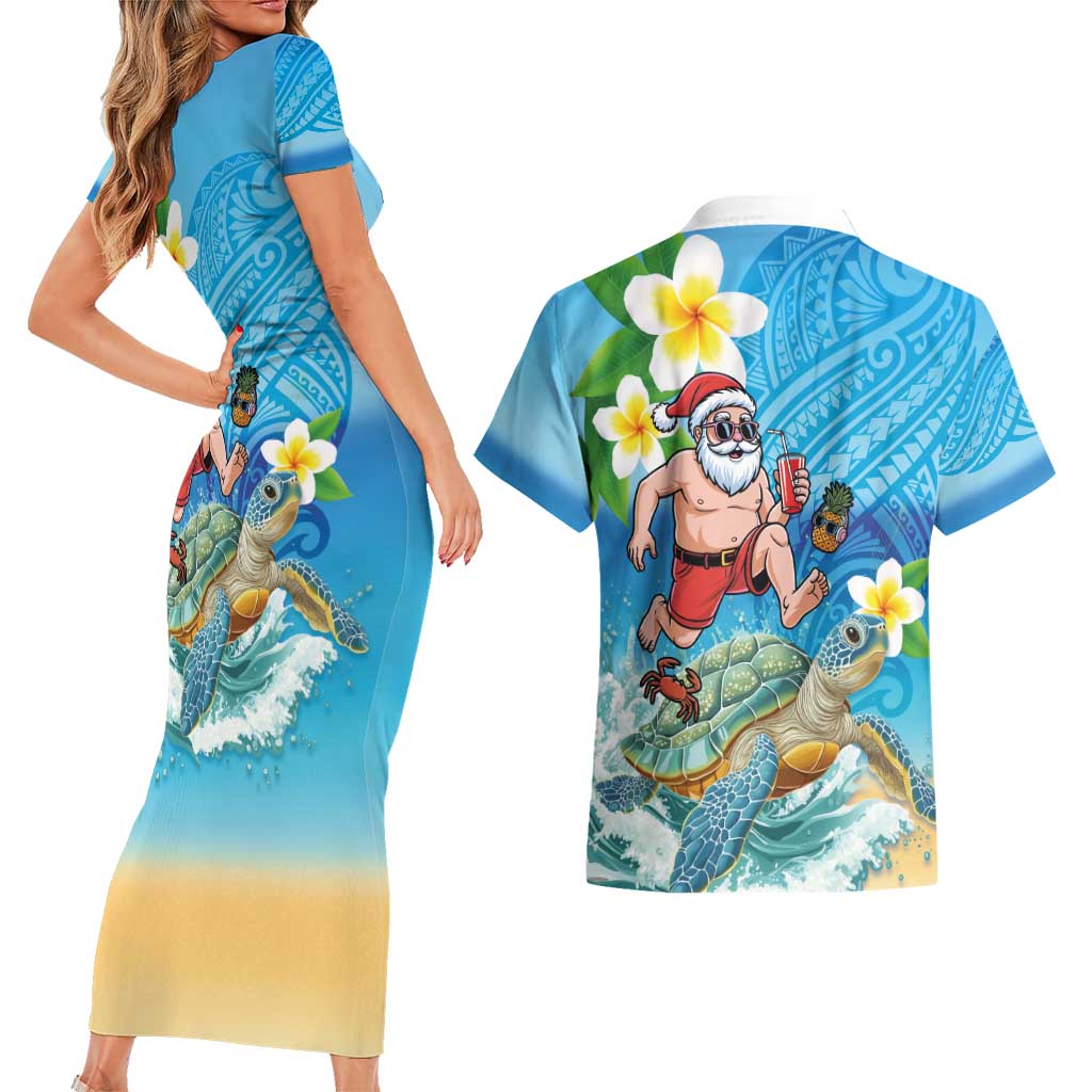 Polynesian Merry Christmas Couples Matching Short Sleeve Bodycon Dress and Hawaiian Shirt Funny Santa with Sea Turtle Beach Plumeria - Polynesian Pride
