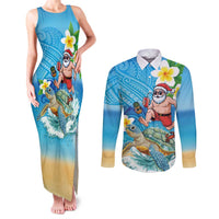 Polynesian Merry Christmas Couples Matching Tank Maxi Dress and Long Sleeve Button Shirt Funny Santa with Sea Turtle Beach Plumeria - Polynesian Pride