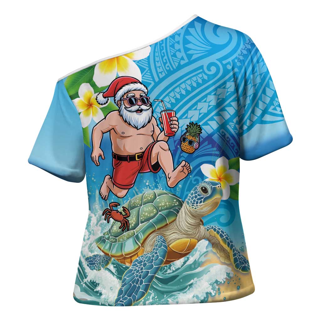 Polynesian Merry Christmas Cross Shoulder Shirt Funny Santa with Sea Turtle Beach Plumeria - Polynesian Pride