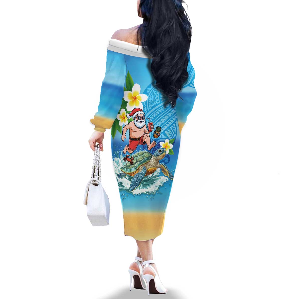 Polynesian Merry Christmas Family Matching Off The Shoulder Long Sleeve Dress and Hawaiian Shirt Funny Santa with Sea Turtle Beach Plumeria - Polynesian Pride