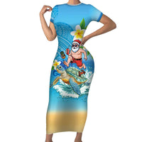 Polynesian Merry Christmas Family Matching Short Sleeve Bodycon Dress and Hawaiian Shirt Funny Santa with Sea Turtle Beach Plumeria - Polynesian Pride