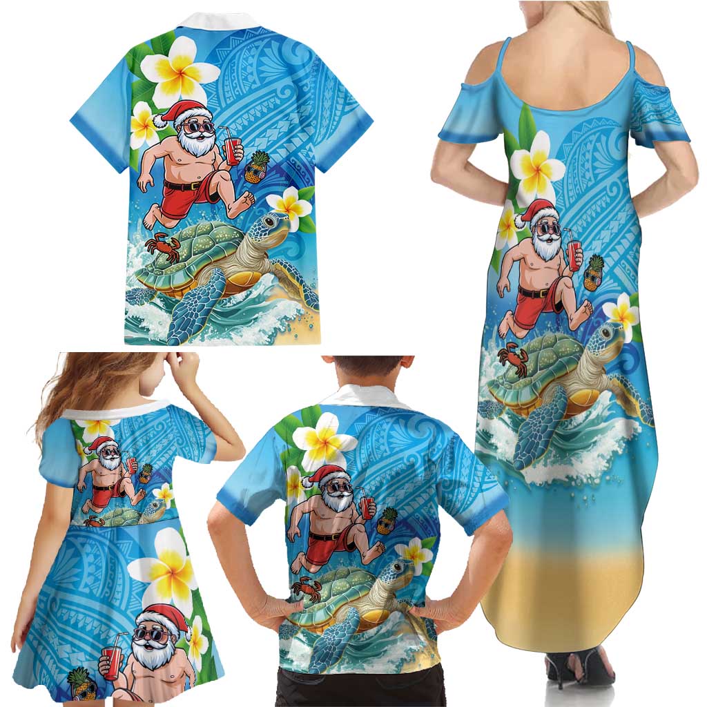 Polynesian Merry Christmas Family Matching Summer Maxi Dress and Hawaiian Shirt Funny Santa with Sea Turtle Beach Plumeria - Polynesian Pride
