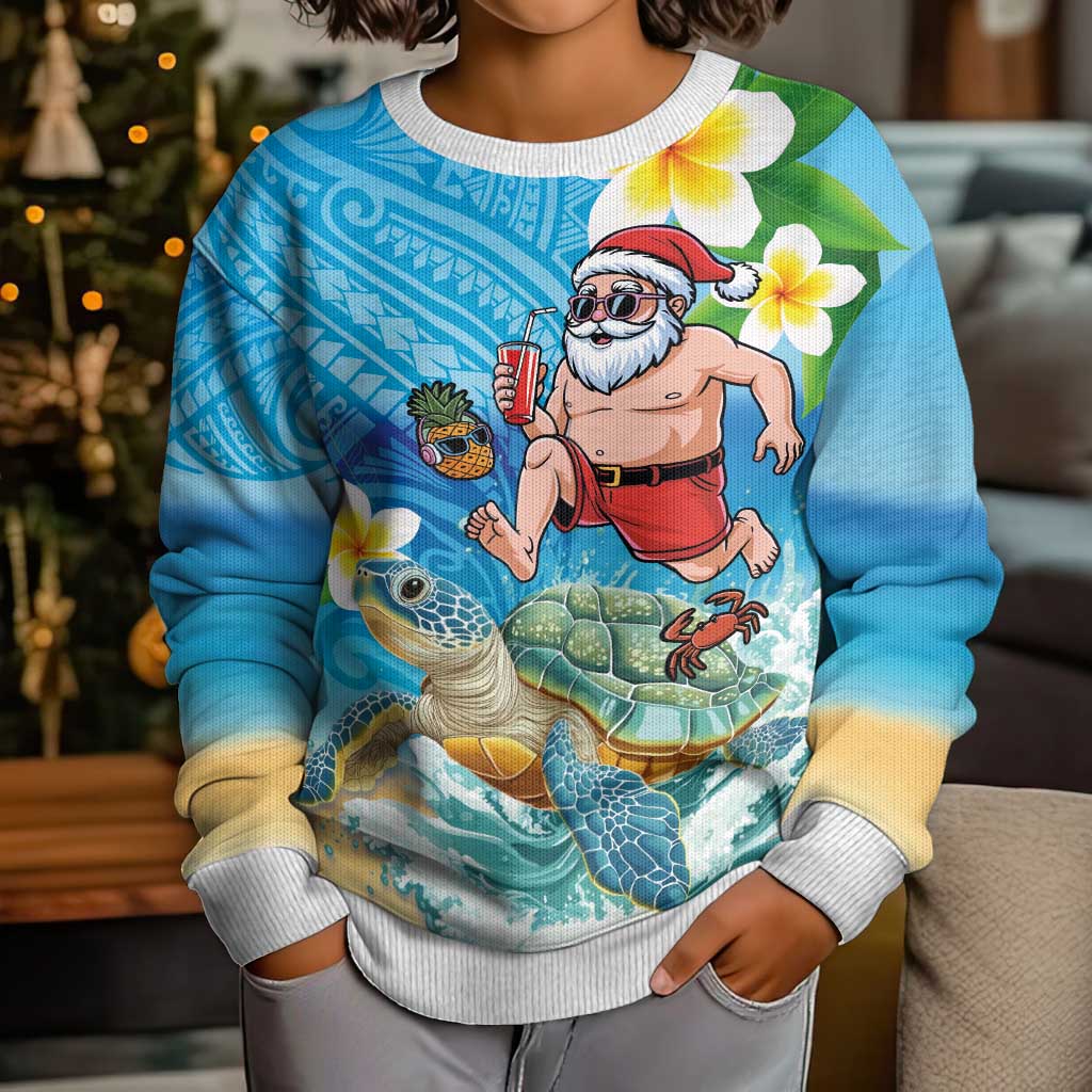 Polynesian Merry Christmas Kid Ugly Christmas Sweater Funny Santa with Sea Turtle on Beach and Plumeria - Polynesian Pride