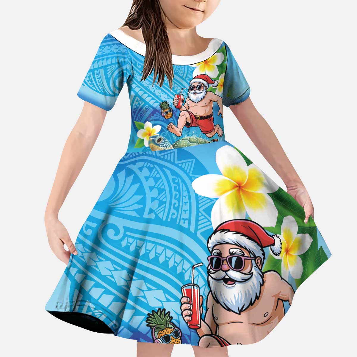 Polynesian Merry Christmas Kid Short Sleeve Dress Funny Santa with Sea Turtle Beach Plumeria - Polynesian Pride