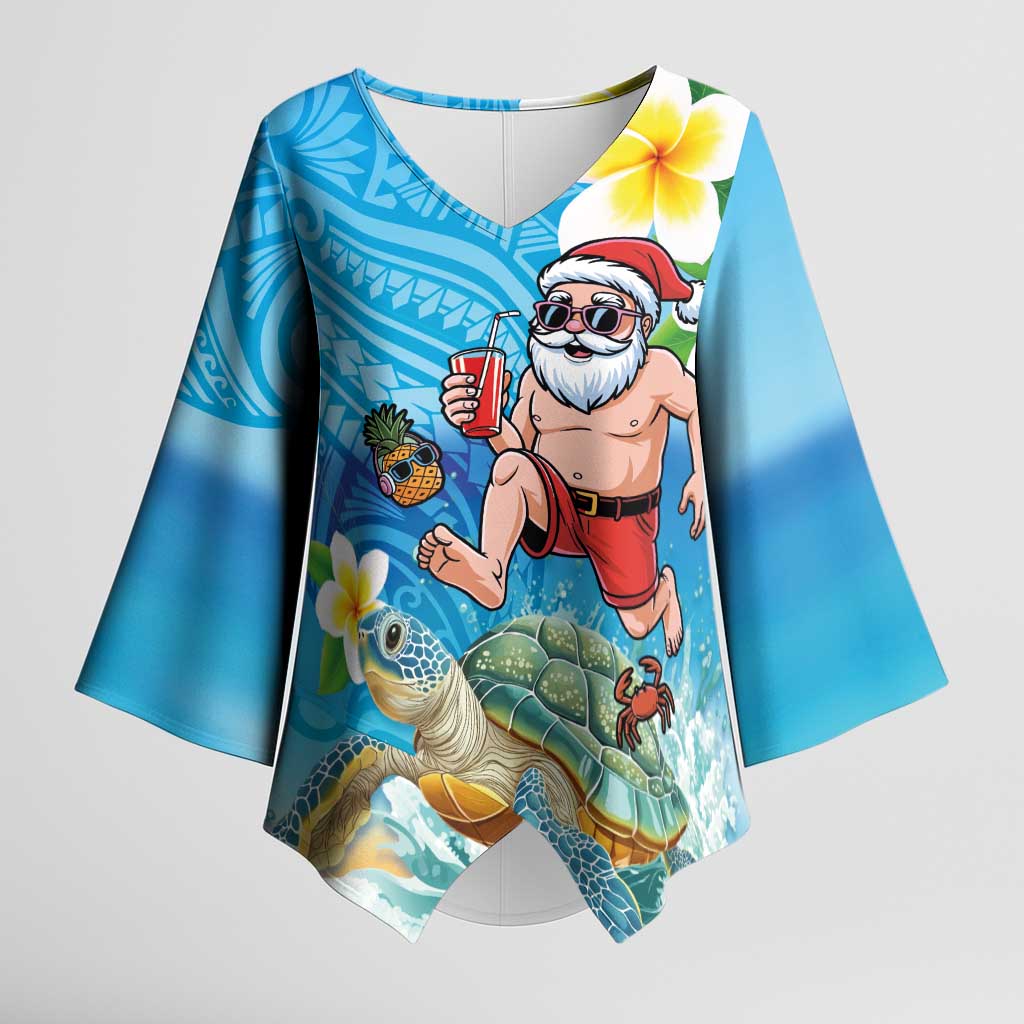 Polynesian Merry Christmas Kimono Sleeve Blouse Funny Santa with Sea Turtle Beach Plumeria - Polynesian Pride