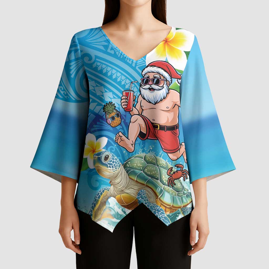 Polynesian Merry Christmas Kimono Sleeve Blouse Funny Santa with Sea Turtle Beach Plumeria - Polynesian Pride