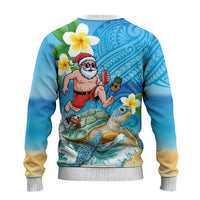Polynesian Merry Christmas Ugly Christmas Sweater Funny Santa with Sea Turtle on Beach and Plumeria - Polynesian Pride
