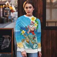 Polynesian Merry Christmas Ugly Christmas Sweater Funny Santa with Sea Turtle on Beach and Plumeria - Polynesian Pride