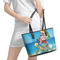Polynesian Merry Christmas Leather Tote Bag Funny Santa with Sea Turtle Beach Plumeria - Polynesian Pride
