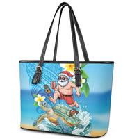 Polynesian Merry Christmas Leather Tote Bag Funny Santa with Sea Turtle Beach Plumeria - Polynesian Pride
