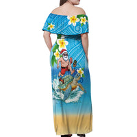 Polynesian Merry Christmas Off Shoulder Maxi Dress Funny Santa with Sea Turtle Beach Plumeria - Polynesian Pride