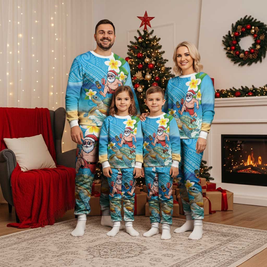 Polynesian Merry Christmas Pajama Set Funny Santa with Sea Turtle on Beach and Plumeria - Polynesian Pride